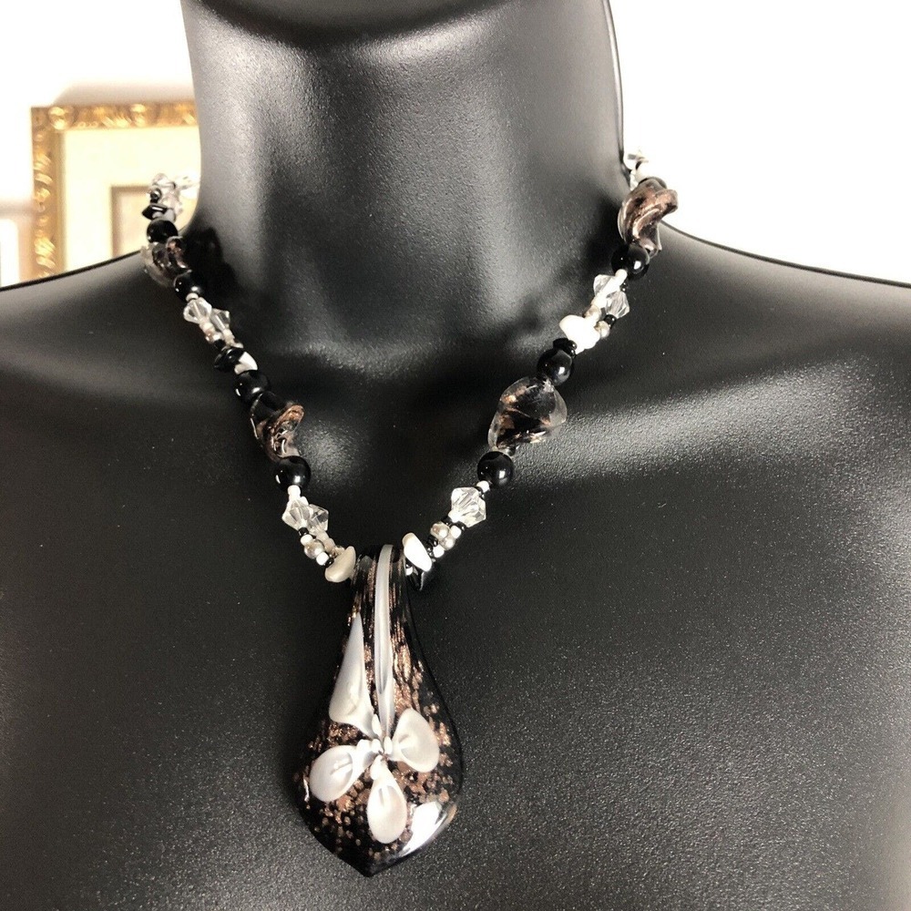 Vintage Floral Lamp Work Glass Pendant Black White Brown